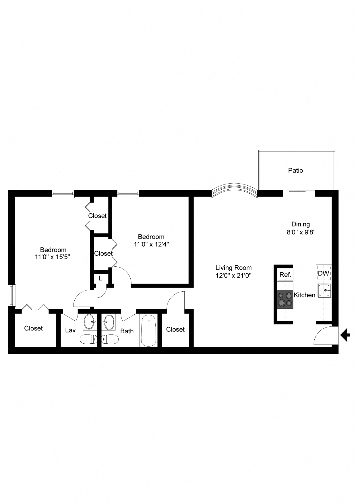 Floor plan for 2 beds, 1.5 baths, 1122 sqft